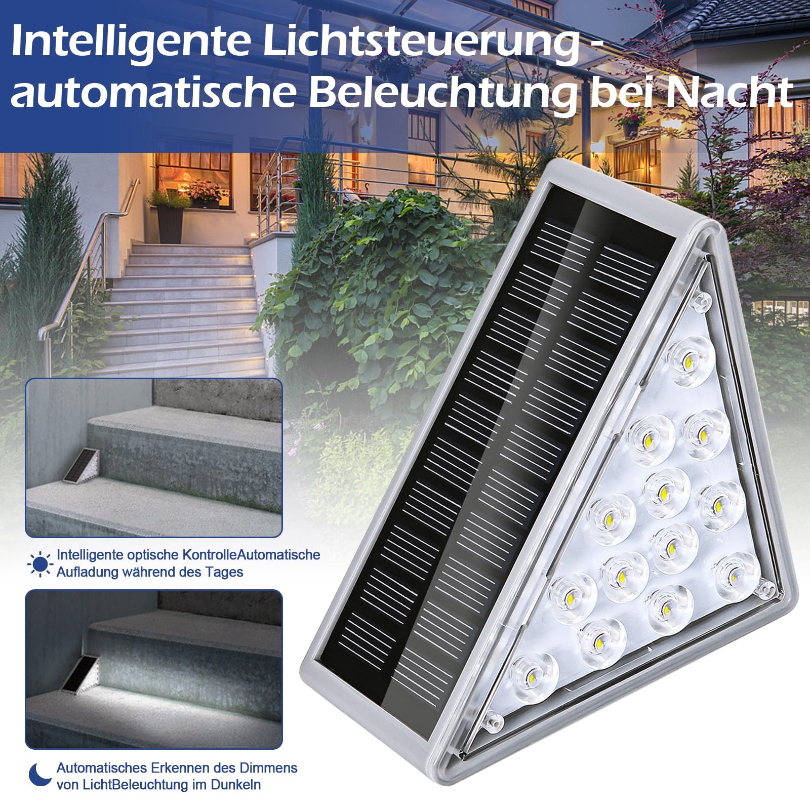 Lampy solarne do użytku na zewnątrz, oświetlenie schodów, 13 diod LED, solarne lampy na schody, IP68, wodoszczelne lampy ogrodowe, oświetlenie schodów LED, do ogrodu, tarasu, patio (4 białe