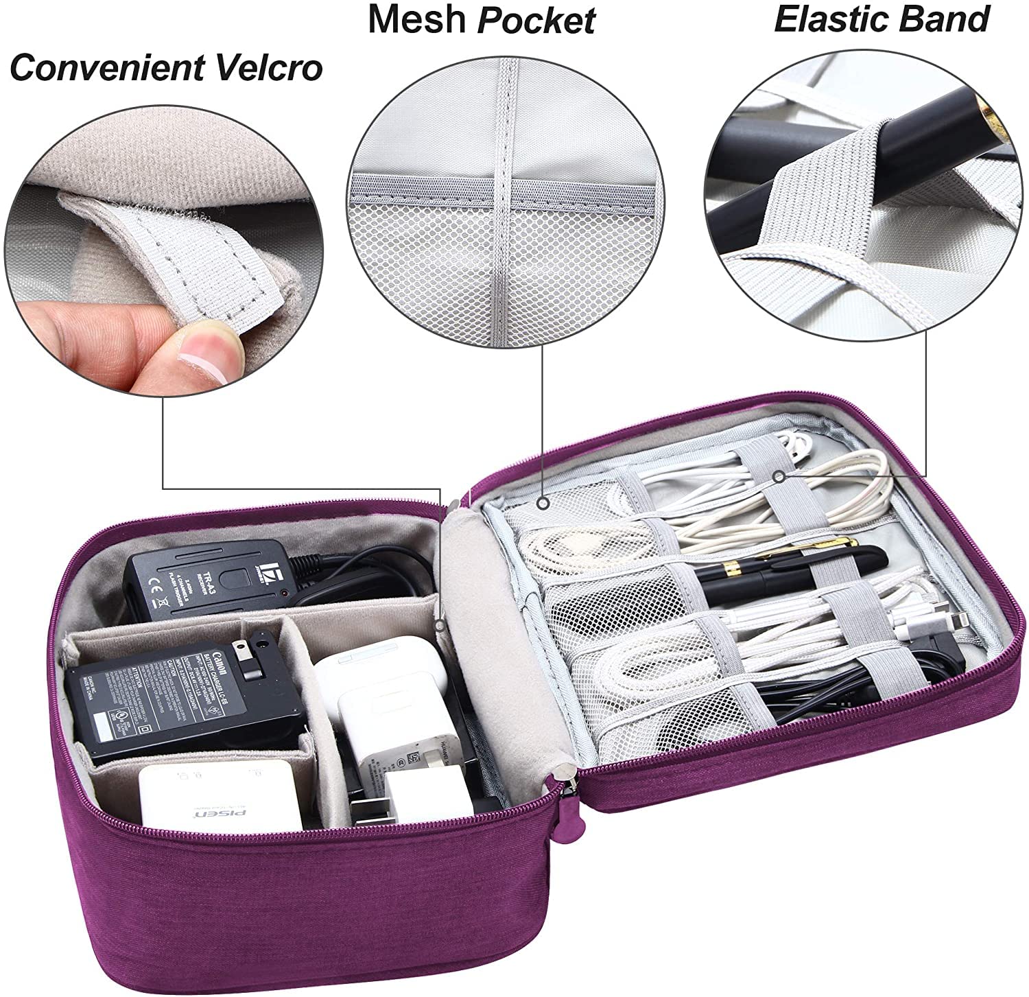 Torba elektroniczna organizer przenośna torba na kabel do tabletu, zewnętrzny dysk twardy, ładowarka, kable, adaptery, karty pamięci, przewody USB, fioletowy, Łatwe do noszenia