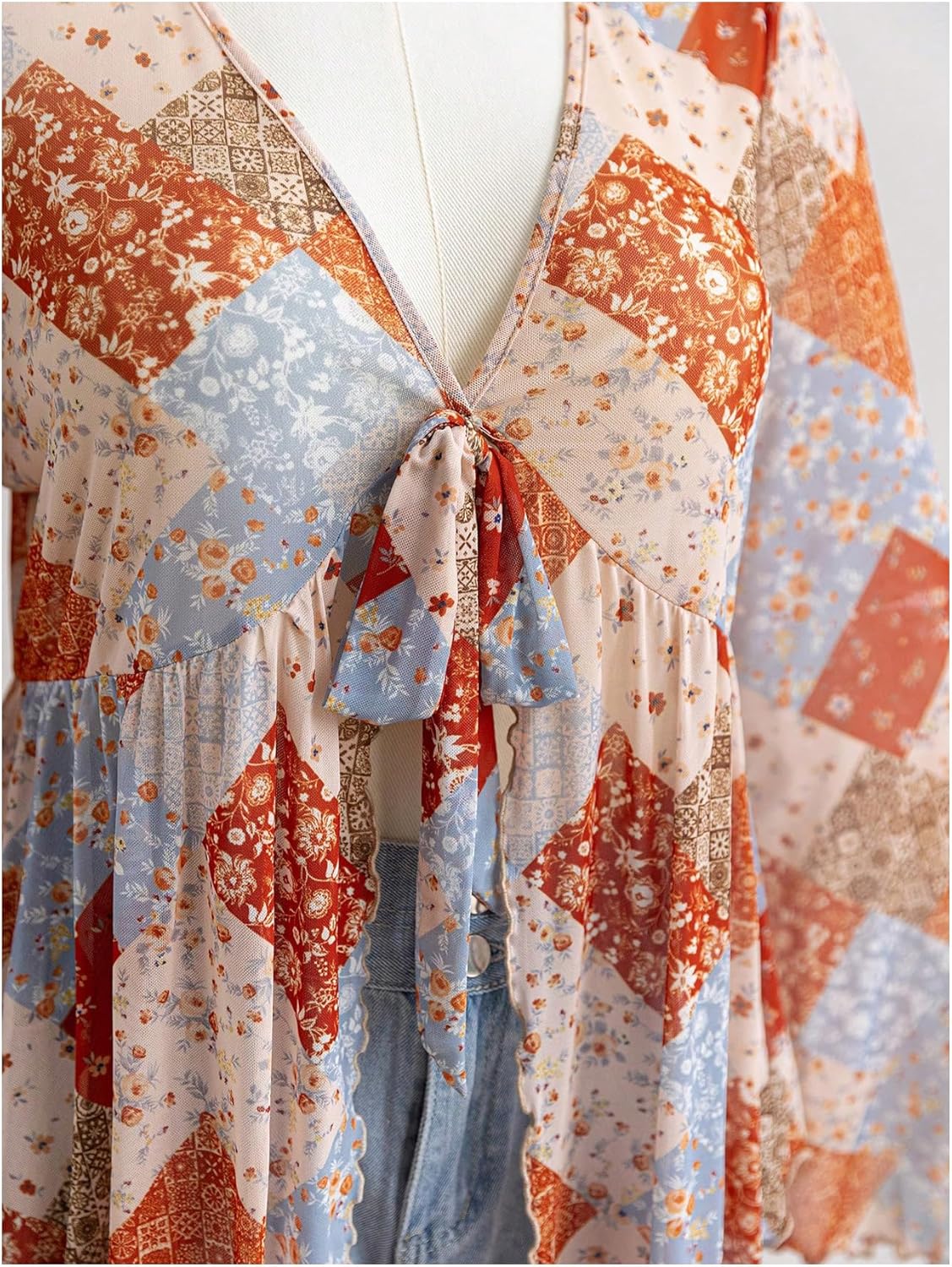 Women's Plus Size Bell Sleeve Tops Mesh Sheer Tie Front 70s Hippie Shirts Western Flared Ruffle Blouses Peplum Top - Image 4