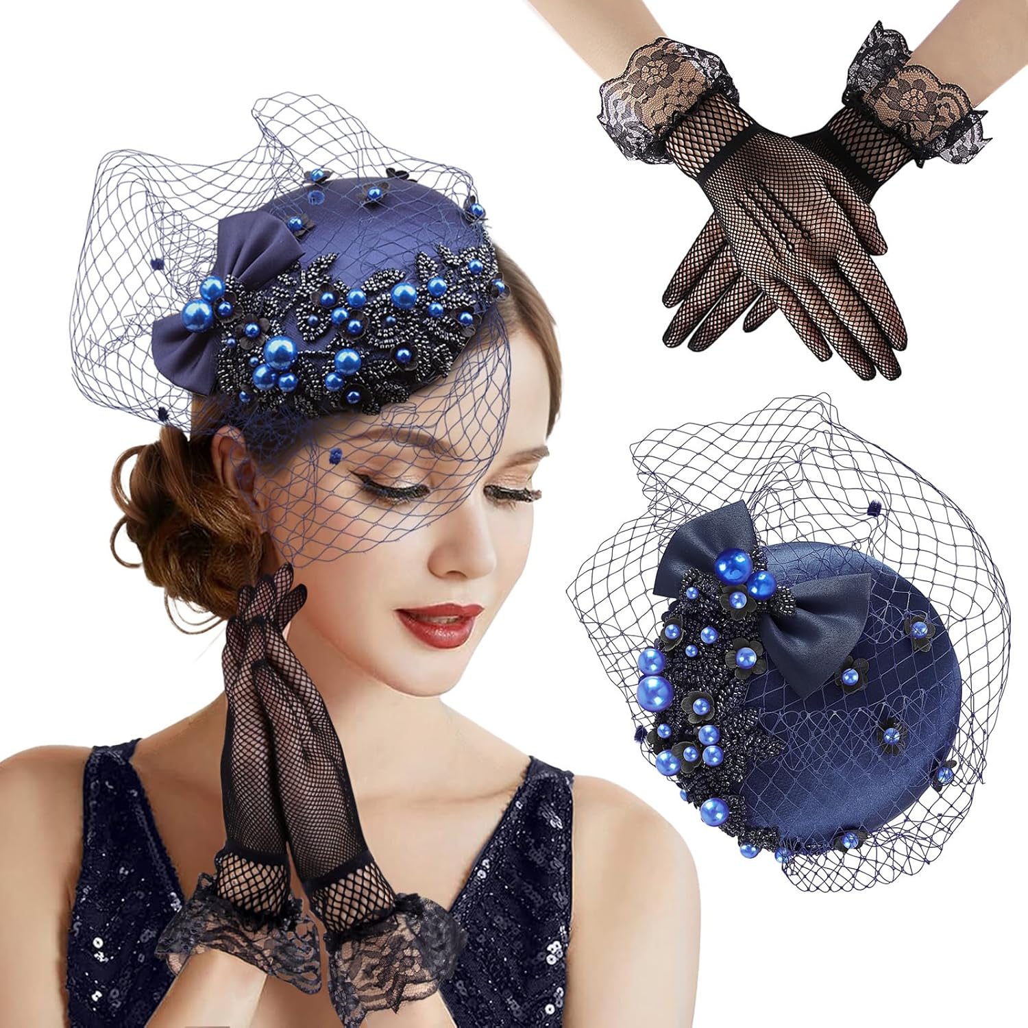 Vijiv Fascinator Hat Tea Party Beaded Pearl Derby Hats and Bowknot Lace Gloves for Women 1920s Veil Wedding Pillbox Hat