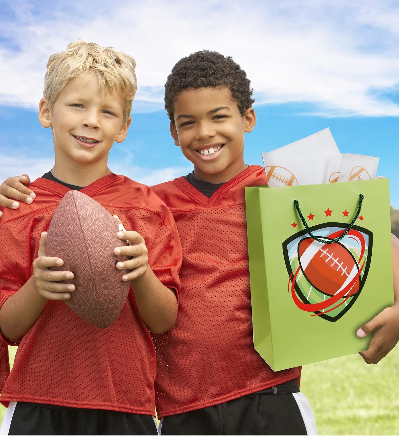 DolliBu Football Gift Bag with Tissue Paper - Cute Green Large Gift Bag Set with String Handles, Large Gift Bag with Football Wrapping Paper and Tissue Paper for Birthday, Special Occasions - 13 Inch