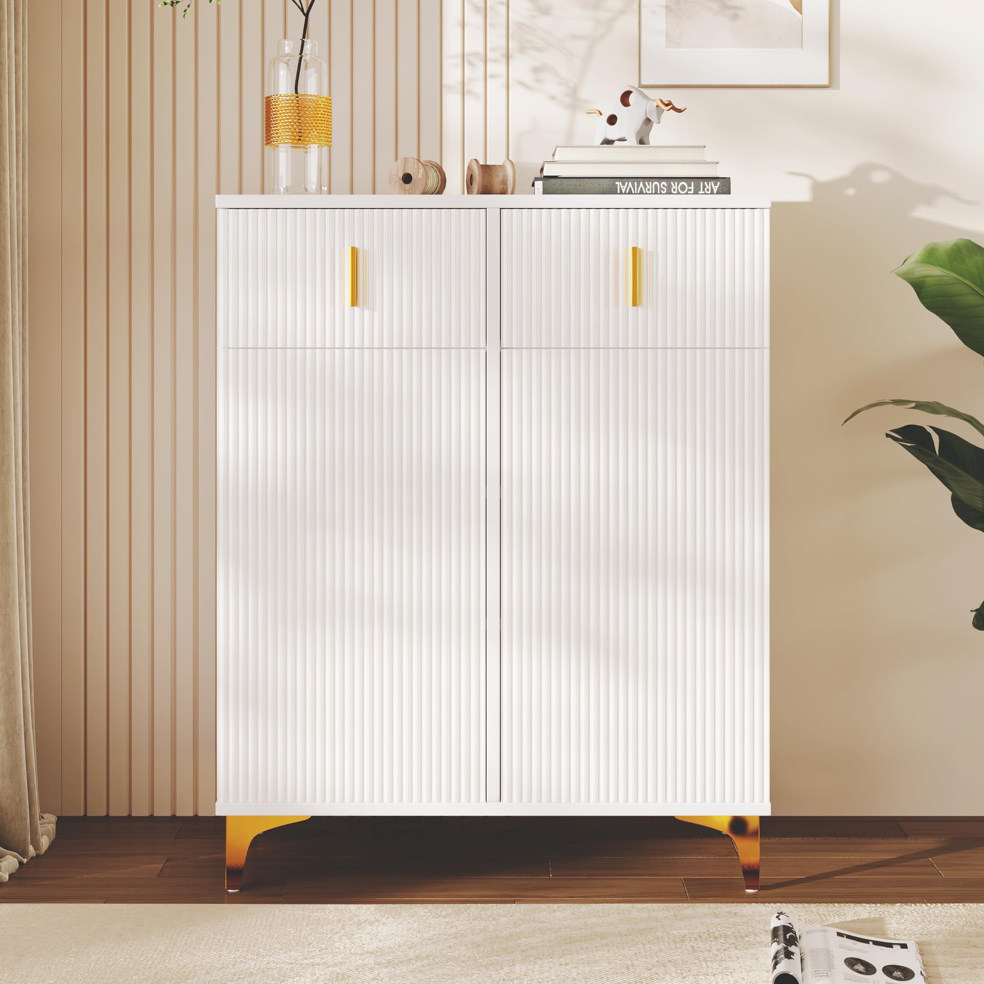 ModernLuxe Shoe Storage Cabinet with 2 Drawers, Elegant Wooden Shoe Rack with Structural Panels, Adjustable Shelves and Gold-plated Decorations, Hallway Storage Unit, White, 83x35x101cm — image 1