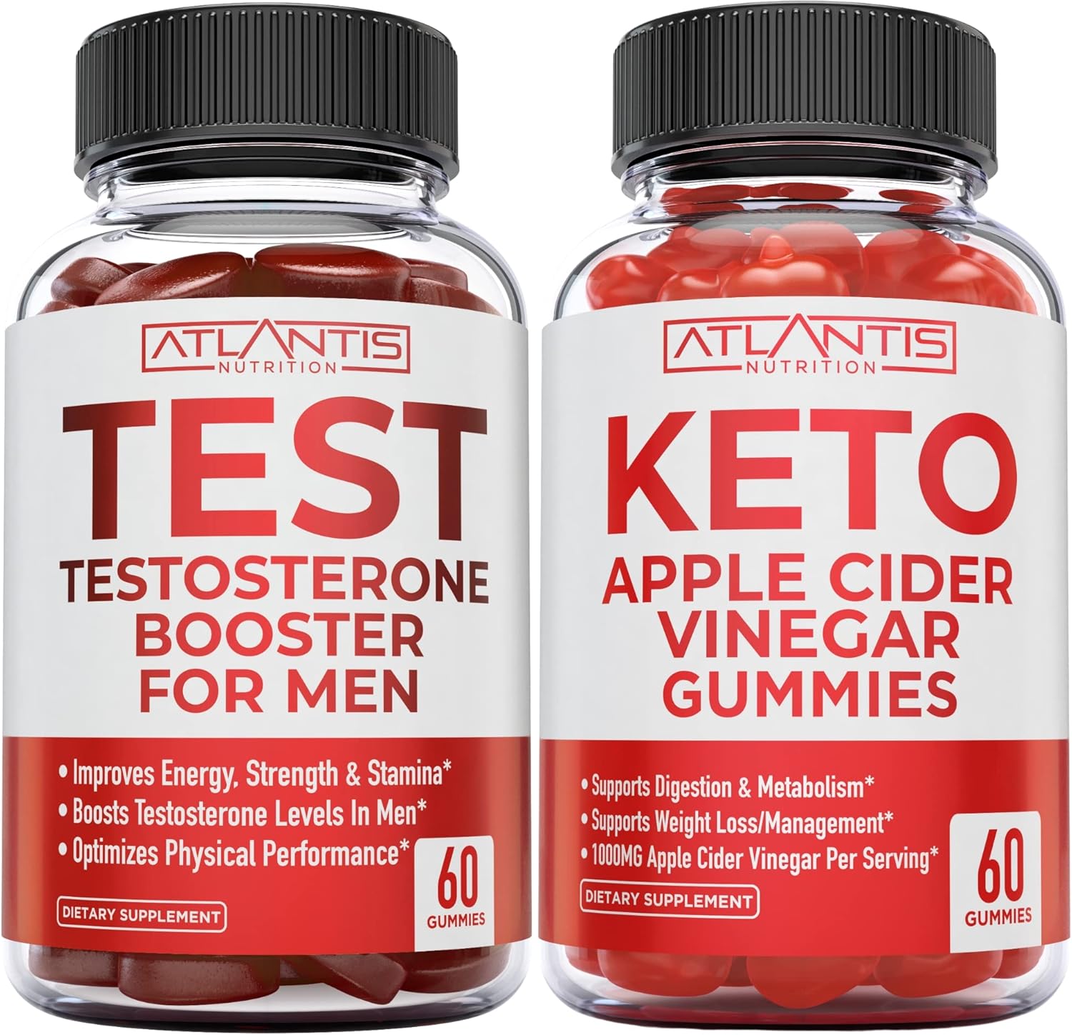 Atlantis Nutrition Testosterone Booster 60 Gummies + Keto Apple Cider Vinegar 60 Gummies
