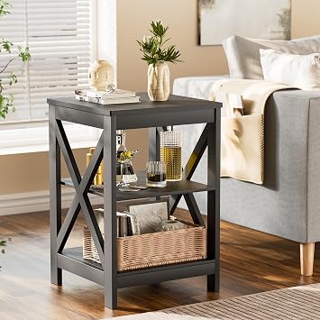 SEJOV Side Table for Living Room, Black End Table with 3-Tier Storage Shelves X-Design Night Stand for Small Spaces Farmhouse Wooden Nightstand for Bedroom Bed Side Office