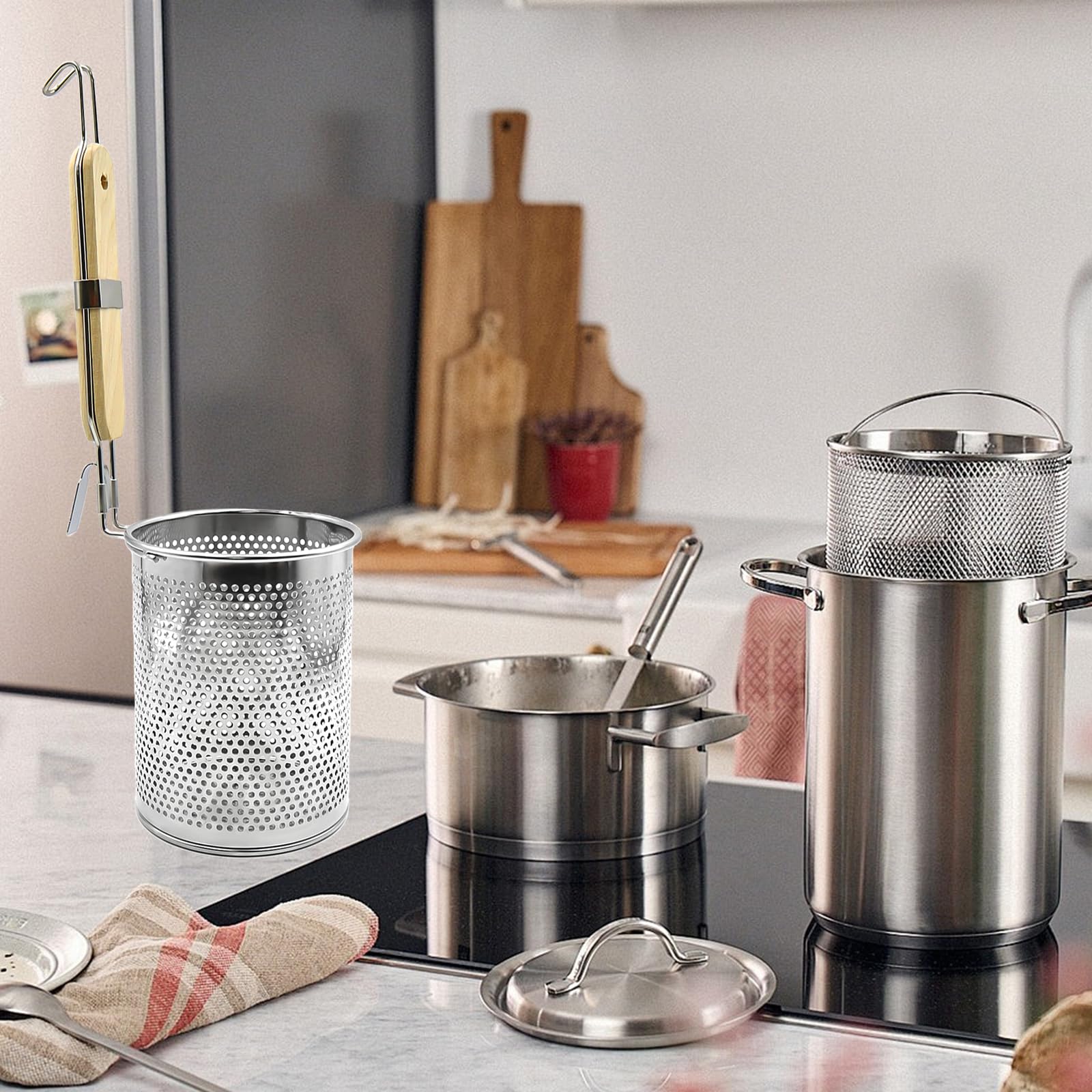 OMJMYY Set di 2 Cestello per Pasta 12cm Colapasta Acciaio Inox Cestello per Pasta Separata Scolapasta con Manico Cesto Colino in Metallo per Lavare Friggere Cuocere a Vapore Drenare