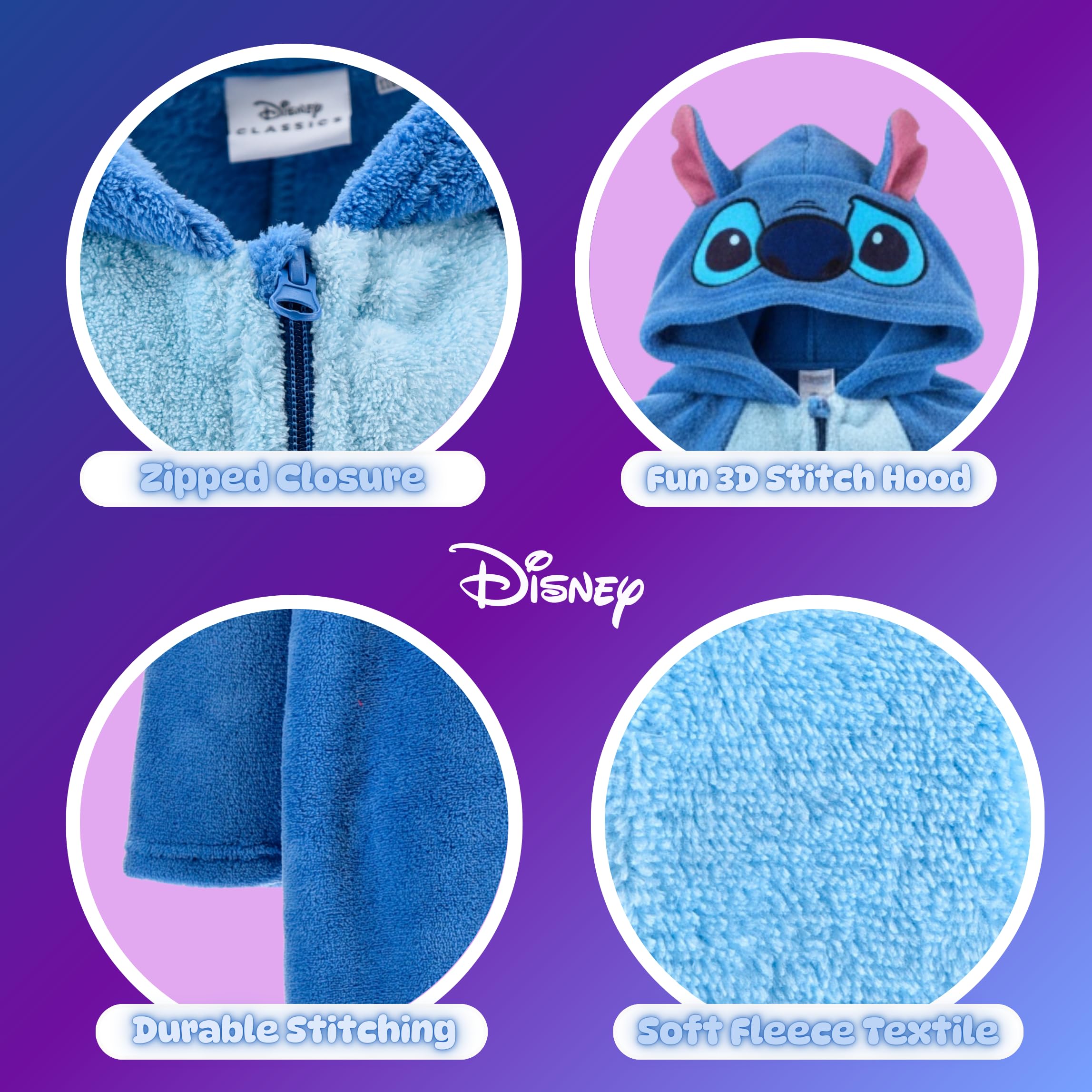 Disney Stitch Pyjamas pour Filles, Pyjama Une Pièce en Polaire Douce à Capuche 3D pour Enfants, Tailles 3 à 8 Ans