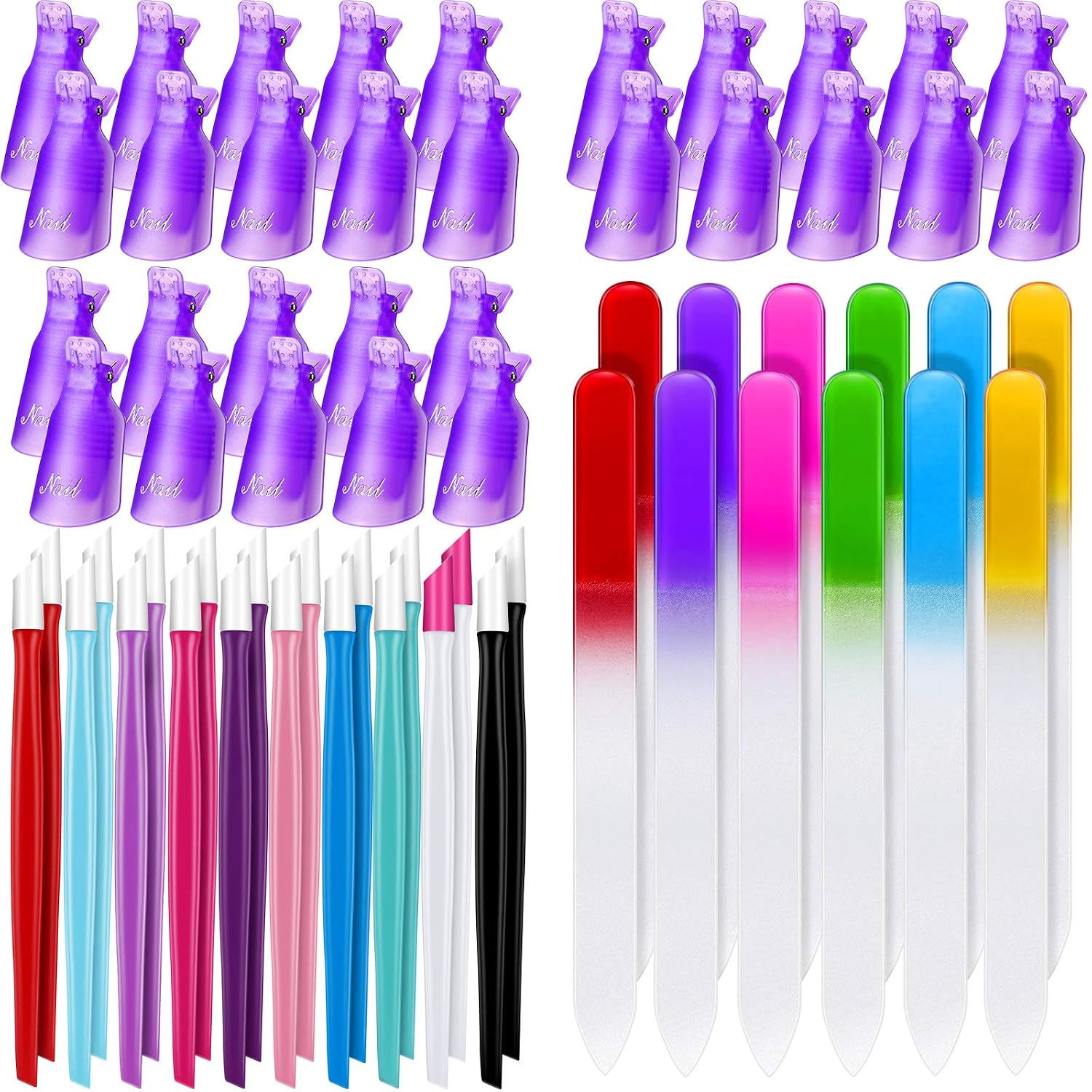 62 Pieces Glass Nail Files Plastic Handle Cuticle Pusher and Plastic Nail Polish Remover Clips Caps, Buffer Manicure Tools Rubber Handle Fingernail File Set (Solid Color, Purple,14 x 1.2 x 0.3 cm)