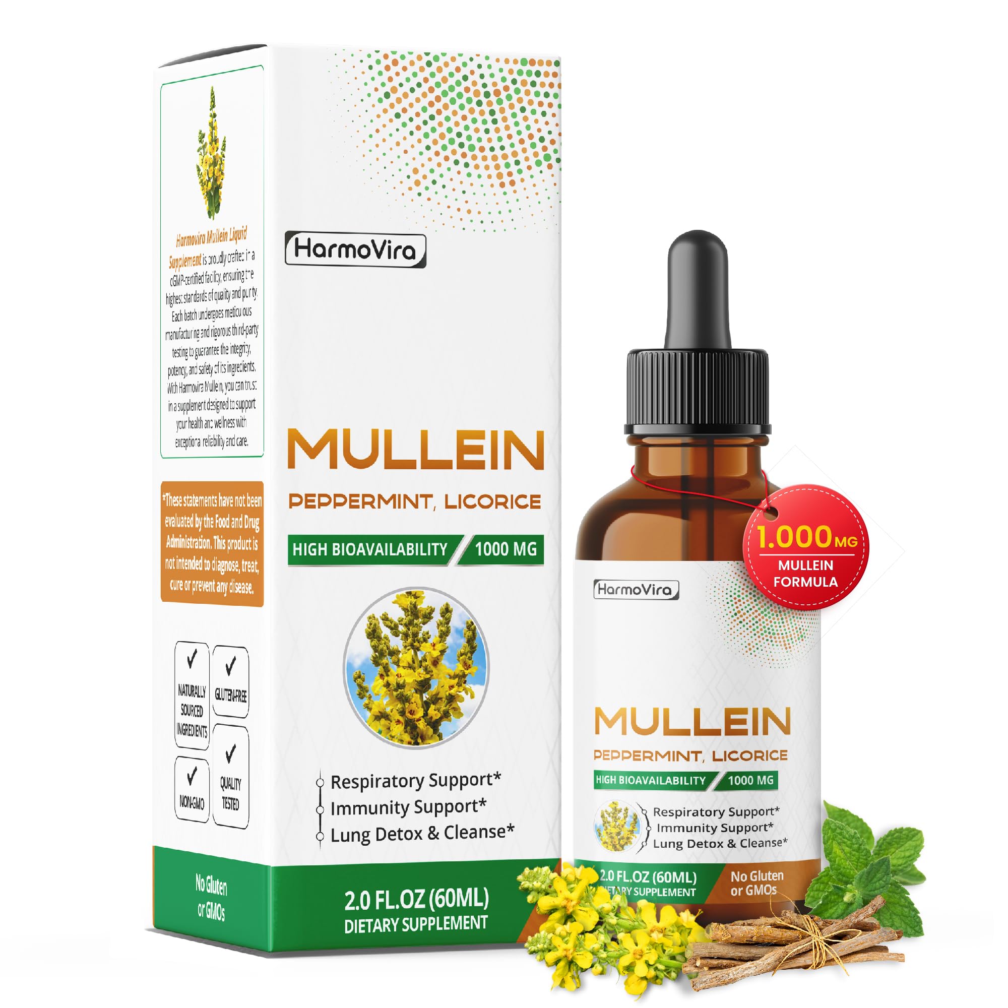 Mullein Drops 1000 mg with Peppermint, Licorice & Ginger, 2 Fl Oz 60 ml (pack of 1)