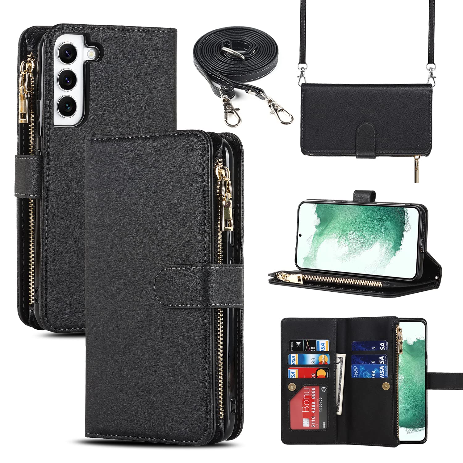 Photo 1 of **PINK**Cavor for Samsung Galaxy S22 Plus Crossbody Wallet Case with Card Slots,Leather Magnetic Closure Zipper Pocket Case Kickstand Feature TPU Shockproof Flip Cover,Rose Gold