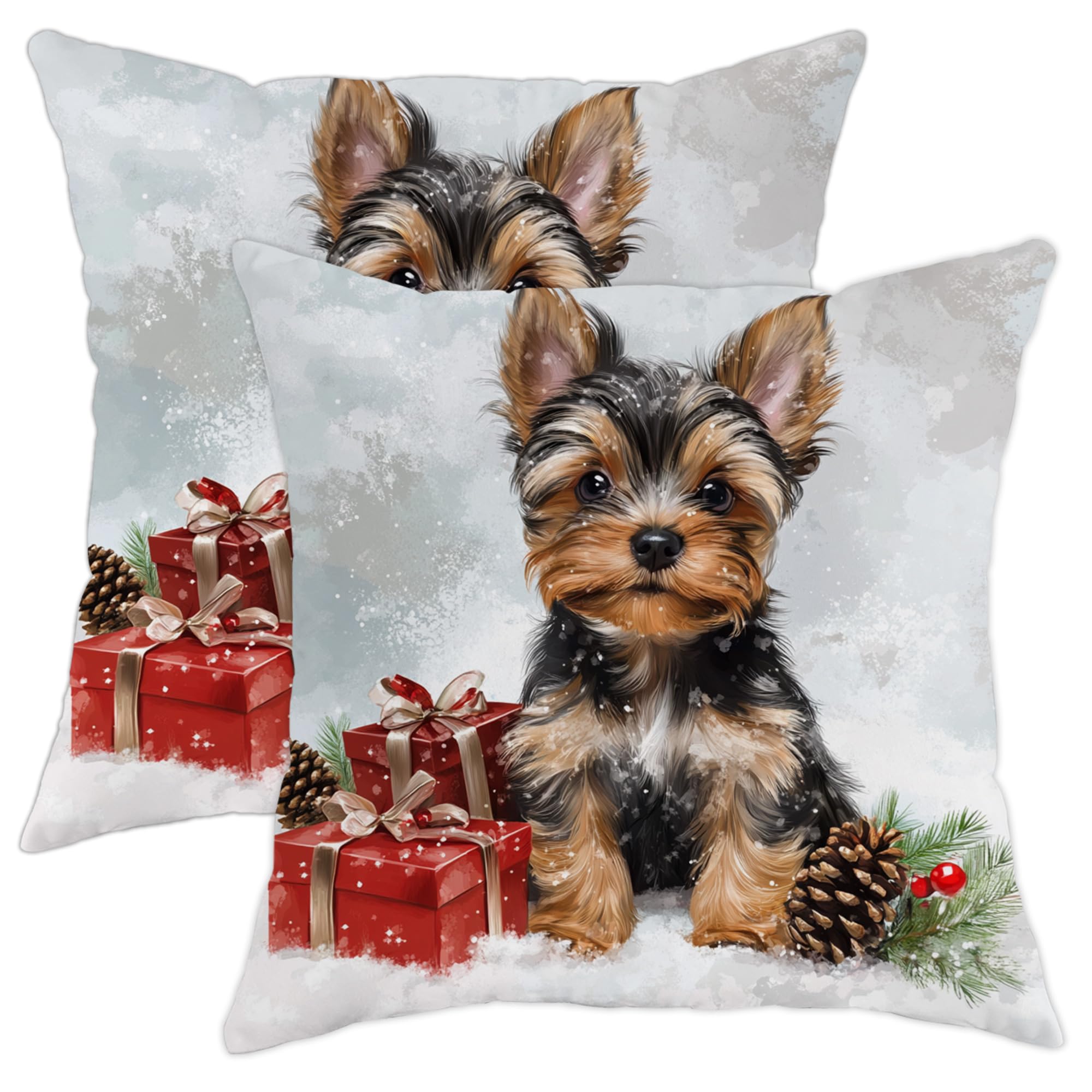 Christmas Dog Pillow Covers Set of 2, Cute Yorkshire Terrier Throw Pillows Case, Holiday Decorative Square Home Decor for Sofa Bed Couch 18x18 Inch