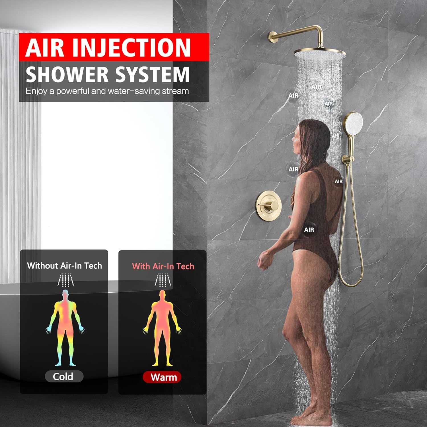sumerain Rain Shower System with 10 inch Rainfall Shower Head,Brushed Gold Shower Faucet Complete Set with Rough-in Valve and Trim Kit