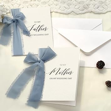 STOFINITY To My Parents On My Wedding Day Cards, Set of 2 for Mom and Dad | 2 cards and 2 ribbons, blank inside, minimalist design, wedding day keepsake from bride and groom