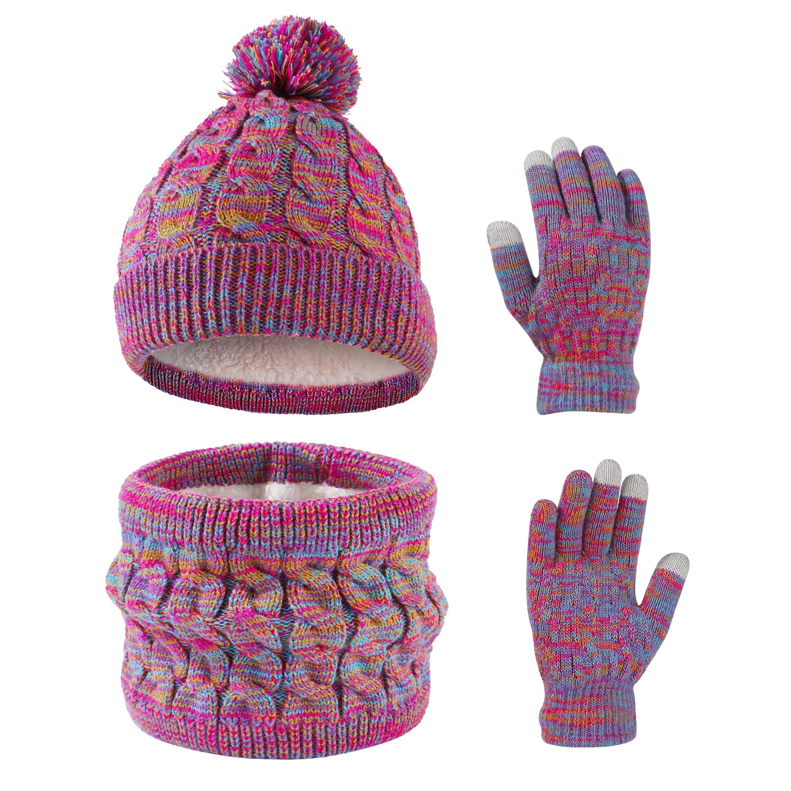 3 en 1 Echarpe et Gants Bonnet Ensemble Trois Pièces, Enfant Tricoté Tour de Cou Chaud Enfants Gants Bonnet, Hiver Accessoires Ensemble Set Pour Garcon Filles 3 à 10 ans