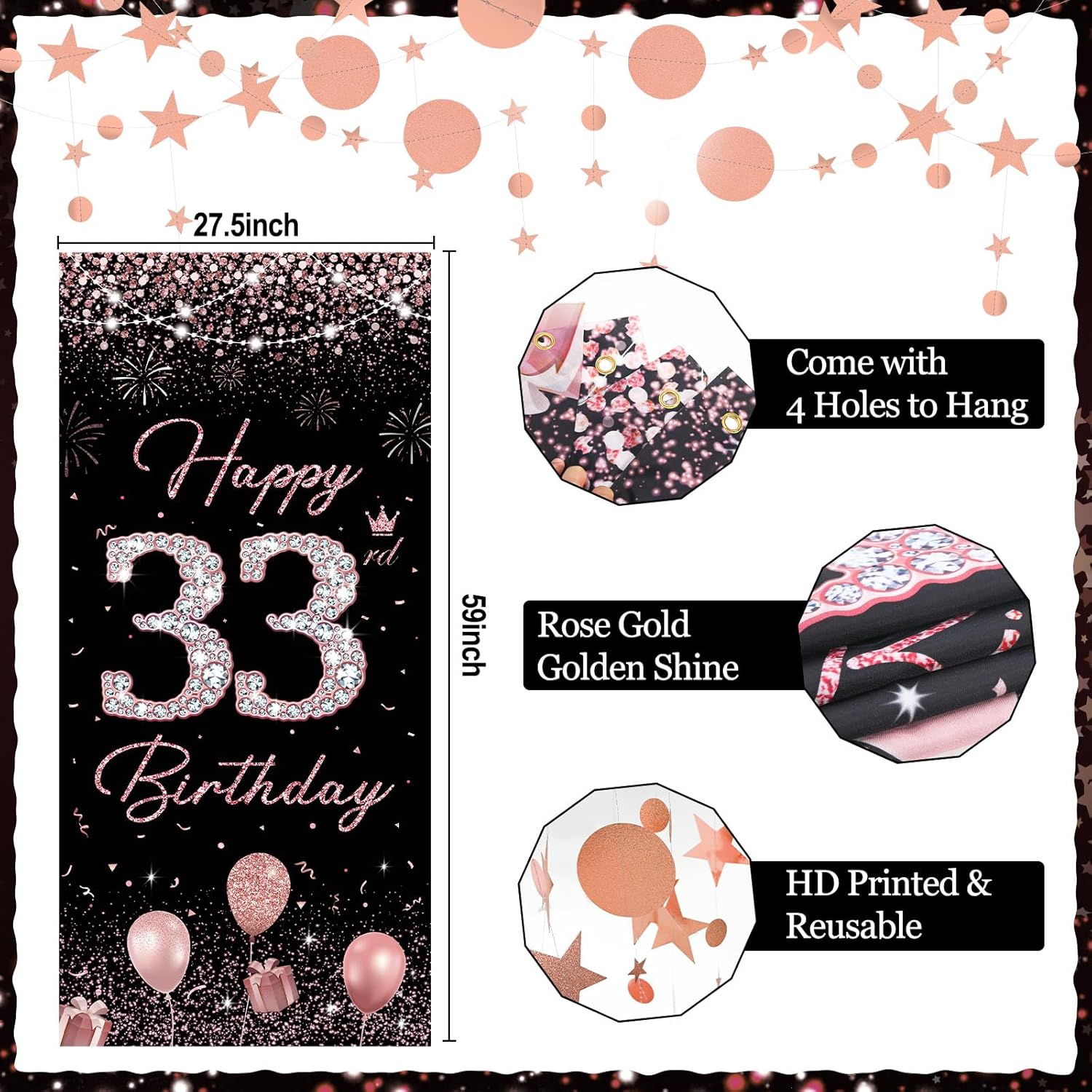33rd Birthday Decorations for women, TSVATE Rose Gold Happy 33rd Birthday Decorations, Happy 33 rd Banner, Thirty Three Backdrop for Yard Door Wall, 33 Balloons, Pompoms, Star Streamer - Image 6