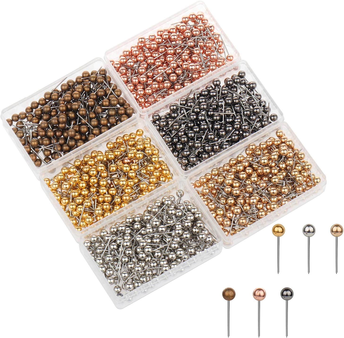 SUBANG 1200 Pieces Map Tacks 1/8-Inch Retro Metallic Color Beads Head Marking Push Pins, 6 Colors