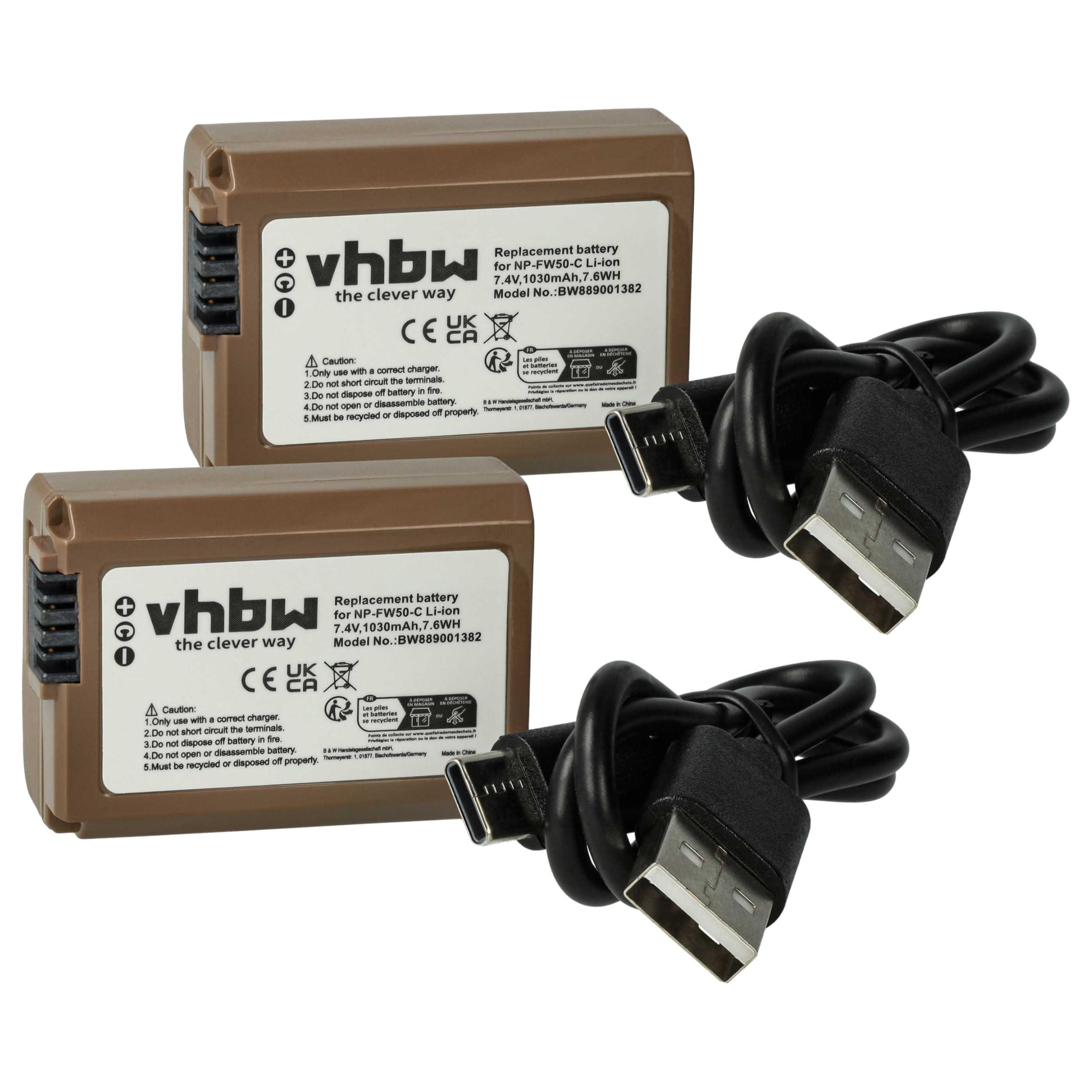 vhbw 2 x akumulator kompatybilny z aparatem Sony Alpha NEX-5DB, NEX-5K, NEX-5H, NEX-5HB (1030 mAh, 7,4 V, Li-Ion), Infochip, gniazdo USB-C