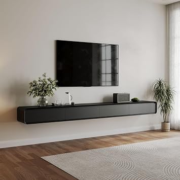 POVISON 110.24" Fully Assembled Wood Floating TV Stand, Black