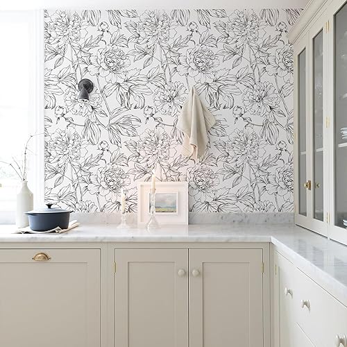 Miniatura 6 de Simon&Siff Papel tapiz lineal con diseño floral, color blanco y negro, para despegar y pegar, 17.3 x 118 pulgadas, papel de pared floral extraíble,