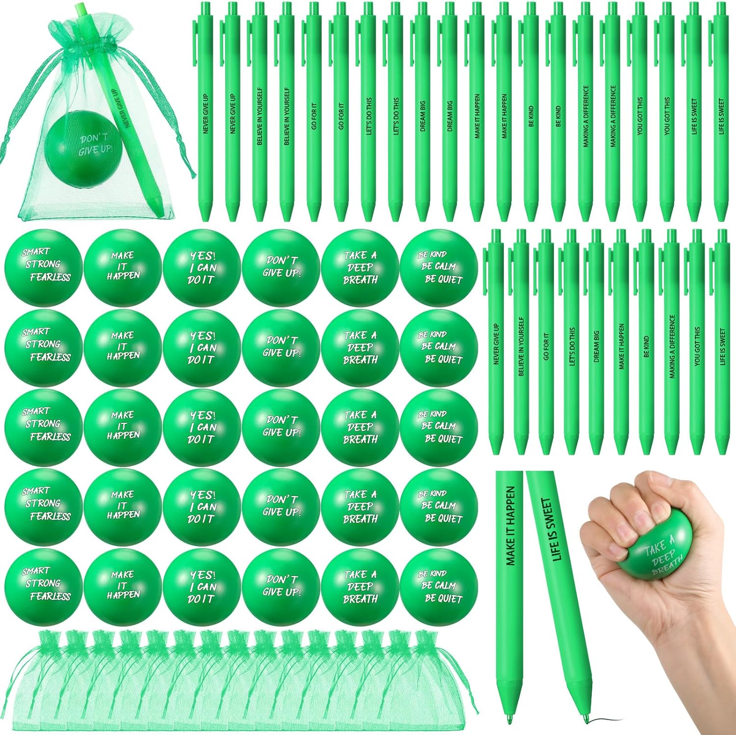 Yeaqee 30 Set Stress Balls for Adults Bulk Motivational Stress Balls Inspirational Quote Pens Organza Bags Funny Relief Gifts for Employees Coworkers Team(Green)