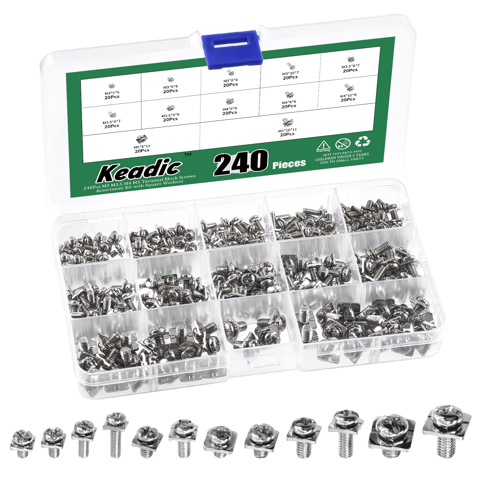 Keadic 240Pcs Terminal Block Screws Assortment, M3/M3.5/M4/M5 Nickel Plated Phillips Screws with Square Washers for Electrical Wiring Switch Repair