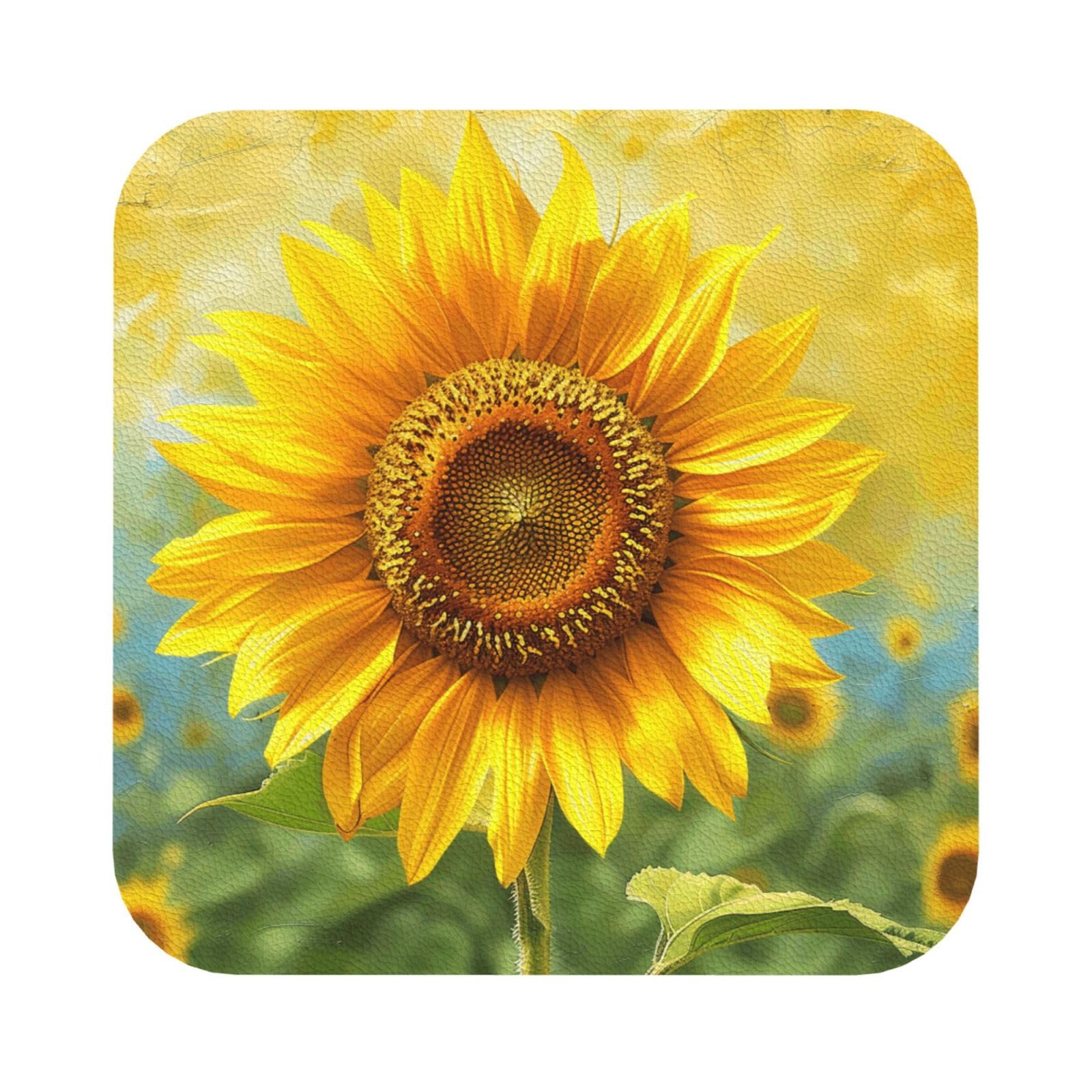 Sunflowers Print Leather Coaster Set of 6, Square Coasters Table Decorative Coffee Cup Beverage Coasters Wine Beer Bar Coasters for Hot Drinks Table Protection