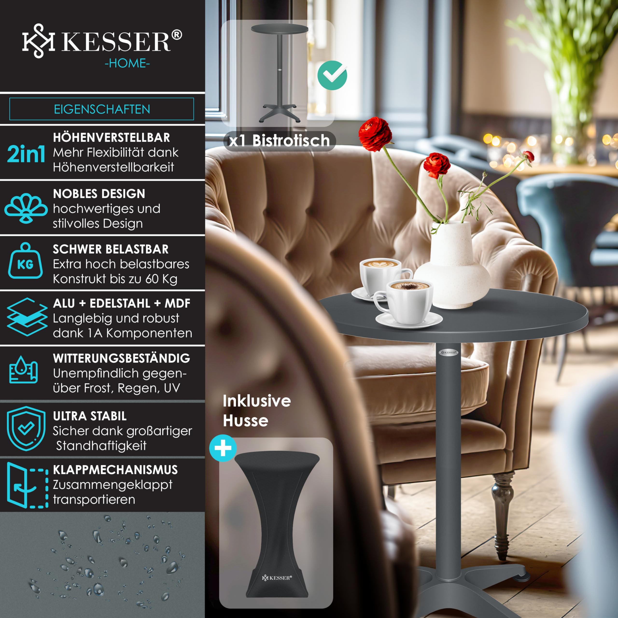 KESSER Table de bistrot pliable 2 en 1 - Plateau aluminium acier inoxydable - Hauteur réglable 70/115 cm - Ø 80 cm - Intérieur extérieur