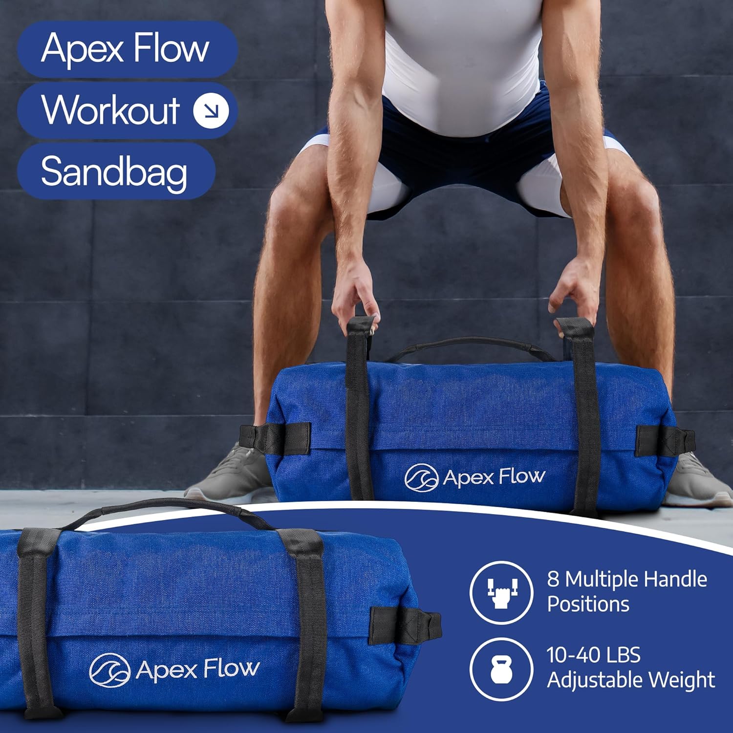 APEX FLOW Sandbags for Working Out – 1000D Nylon Weighted Training Bag with 4 Inner Sandbags, 8 Handles – Adjustable 40lb Sand Bag for Weight Training, Fitness, and Travel