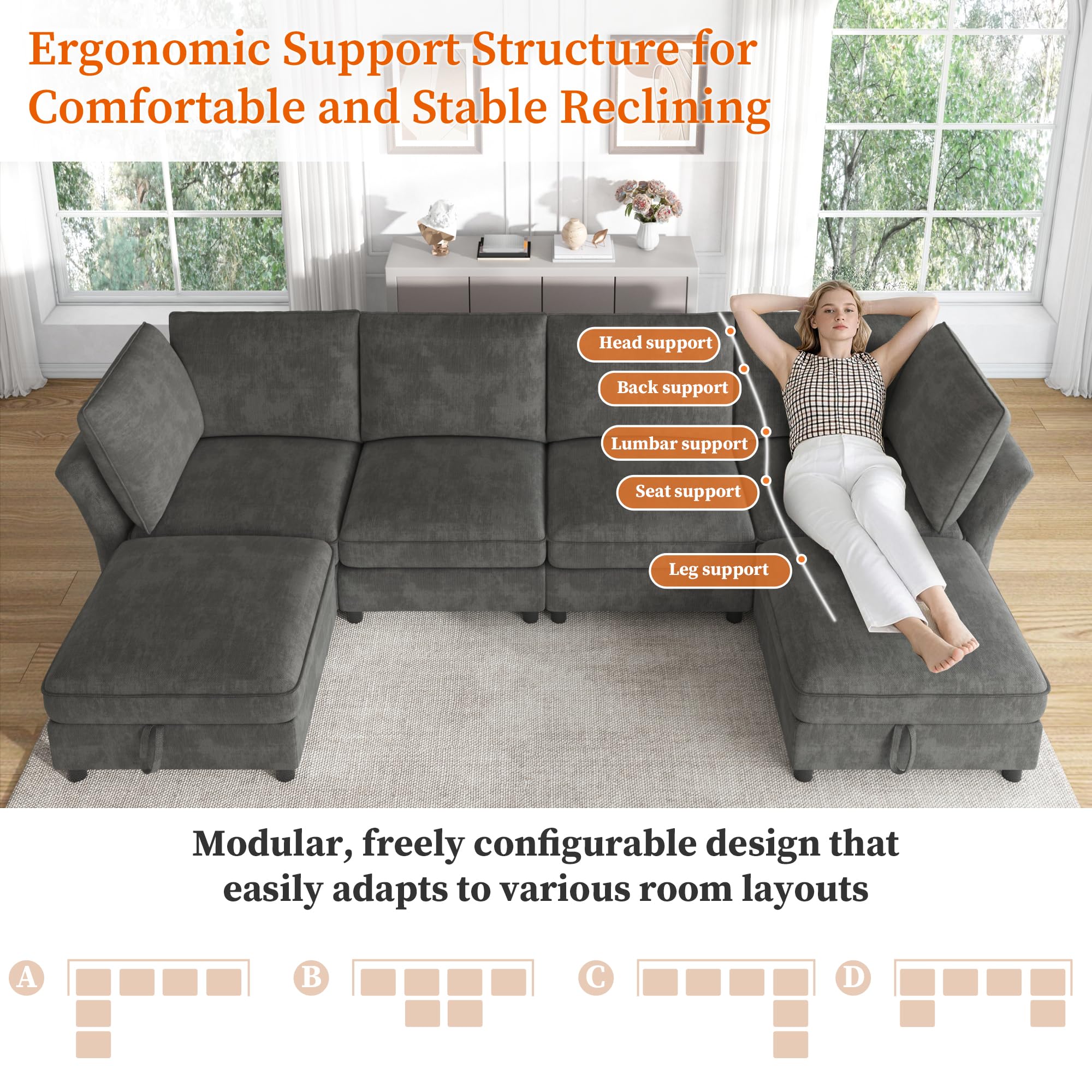 Idemon Sofá esquinero modular en forma de U/L, sofá de 6 plazas con taburete de almacenamiento, diseño de nube, tela de chenilla, adecuado para salón, apartamento y dormitorio, color gris.
