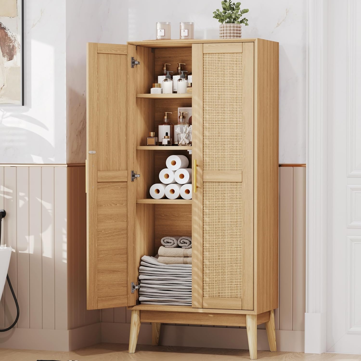 Keehusux 55" Rattan Tall Storage Cabinet, Kitchen Pantry with 2 Doors, Adujustable Shelf and Solid Wood Legs, Cupboard, Bathroom Floor Cabinet for Living Room, Dining Room, Natural KES020MCWG