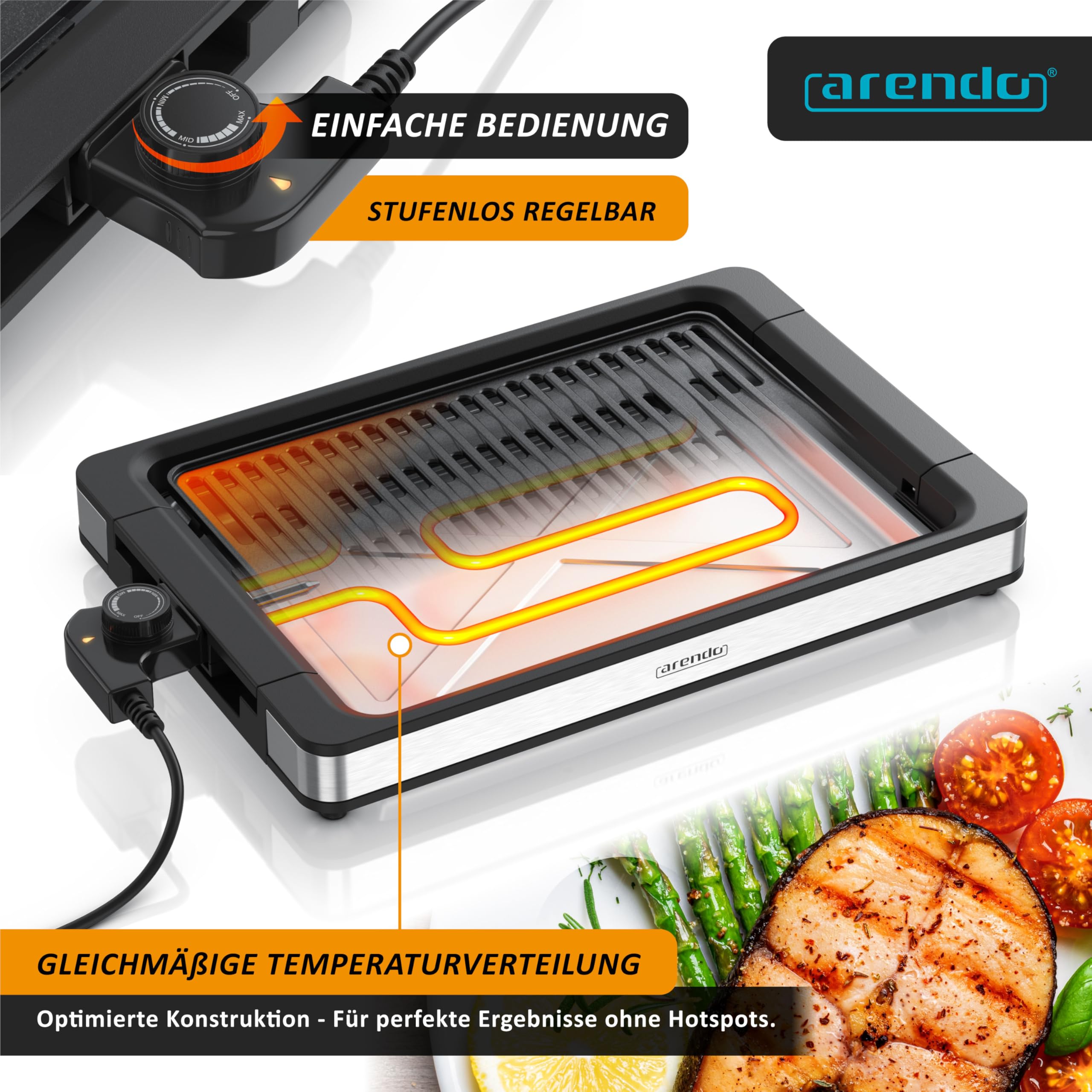 Arendo - Tischgrill Elektrogrill Edelstahl - bis 250 Grad - Steaks, Würstchen, Fisch, Meeresfrüchte, Gemüse, Pilze u.v.m. - für Balkon, Garten, Indoor - starke 1800 Watt - Antihaftbeschichtung