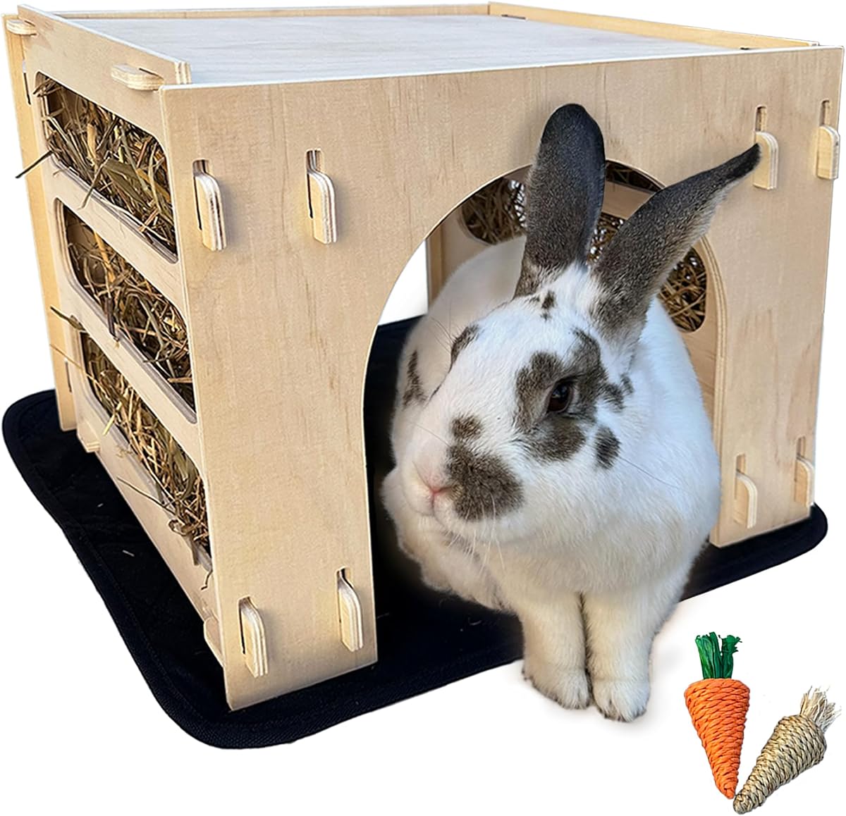Kiwi&Mora Wooden Bunny Hideout – Large Indoor Rabbit House with Hay Feeder | 15.75"x11.25", Chew Toys & Pee Pad Included – Easy Assembly. Hideaway for Rabbits, Guinea Pigs, Chinchillas, Ferrets & More