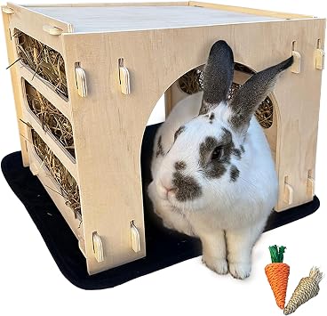 Kiwi&Mora Wooden Bunny Hideout Large Indoor Rabbit House with Hay Feeder