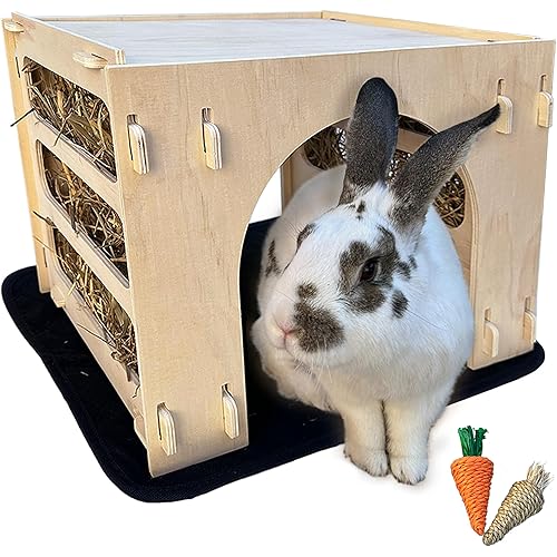 Kiwi&Mora Bunny House Hideout – Rabbit Hideout for Bunnies, Guinea Pigs & Other Pets | Large Indoor Wooden Tunnel Bed with Hay Feeder, Enrichment Toys & Accessories – Easy to Assemble & Clean