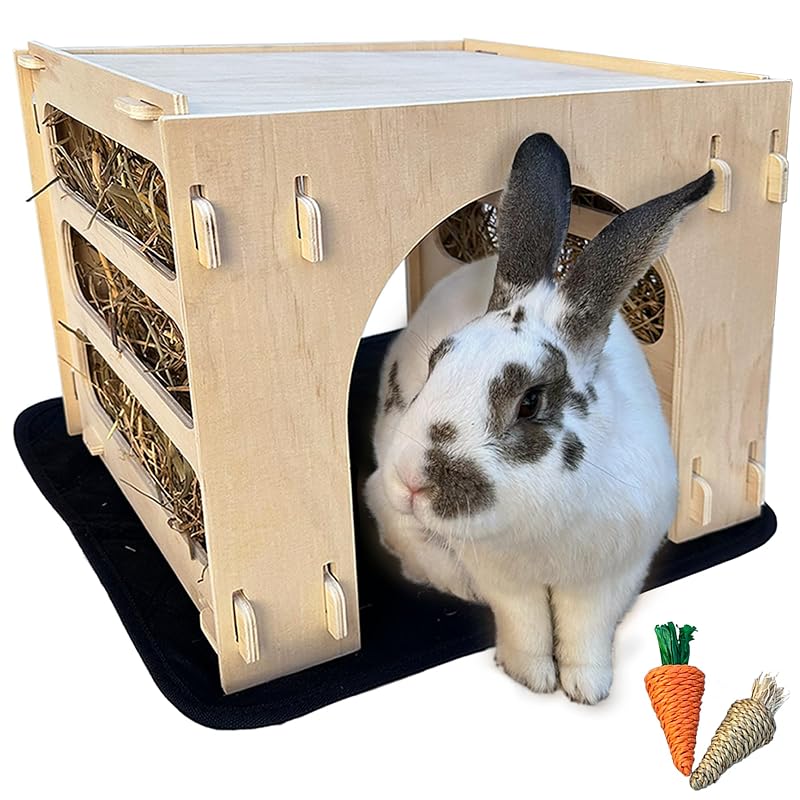 Casa de Madeira para Coelhos Grande com Comedouro de Feno Kiwi & Mora – 1 unidade