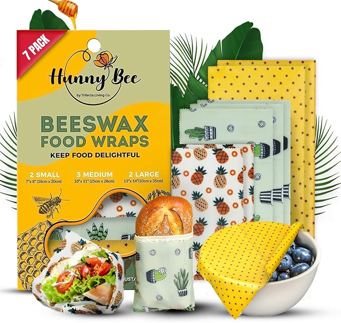 Trifecta Living Co.Versatile Beeswax Wraps,Set of 7-Fresh Food Keeper, Durable & Easily Cleaned, Sustainable Step Towards a Zero-Waste Kitchen, Unique Designs (Pineapple, Cactus, Star)