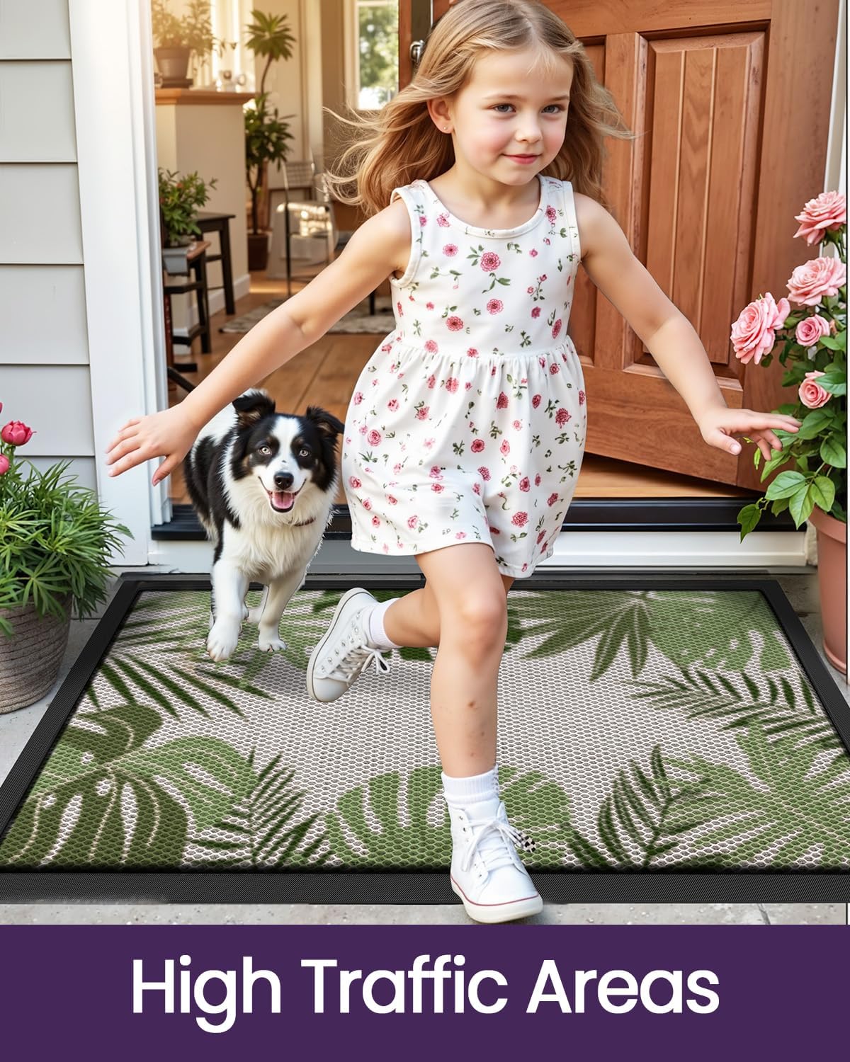 DEXI Front Door Mat Outside Entrance, 17x30 Summer Tropical Leaves Plant Doormat, Non Slip Dirt Resist Heavy Duty Entry Mats for Entryway, Olive Green