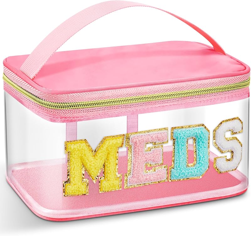 Necessaire Geetery rosa de nylon e PVC transparente com zíper e letras em chenille MEDS