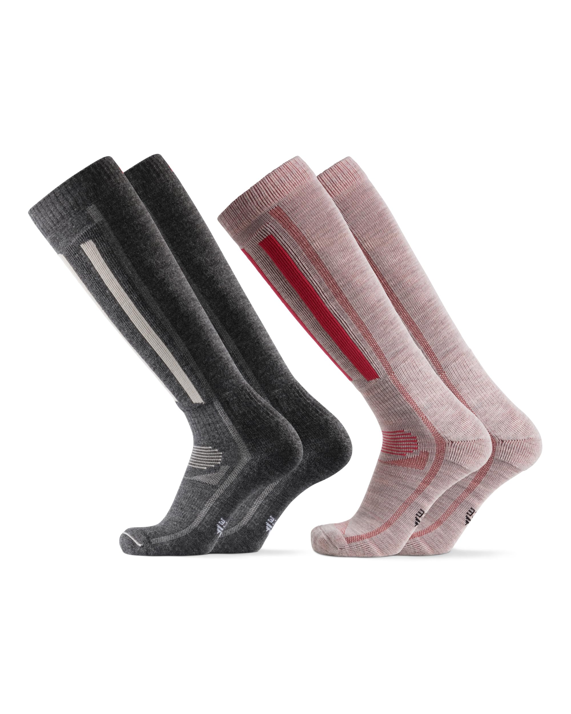 DANISH ENDURANCE Calcetines de Esquí Térmicos de Lana Merino, 2 pack, Multicolor (1x Gris Oscuro/Gris Claro, 1x Gris Claro/Rosa), 35-38