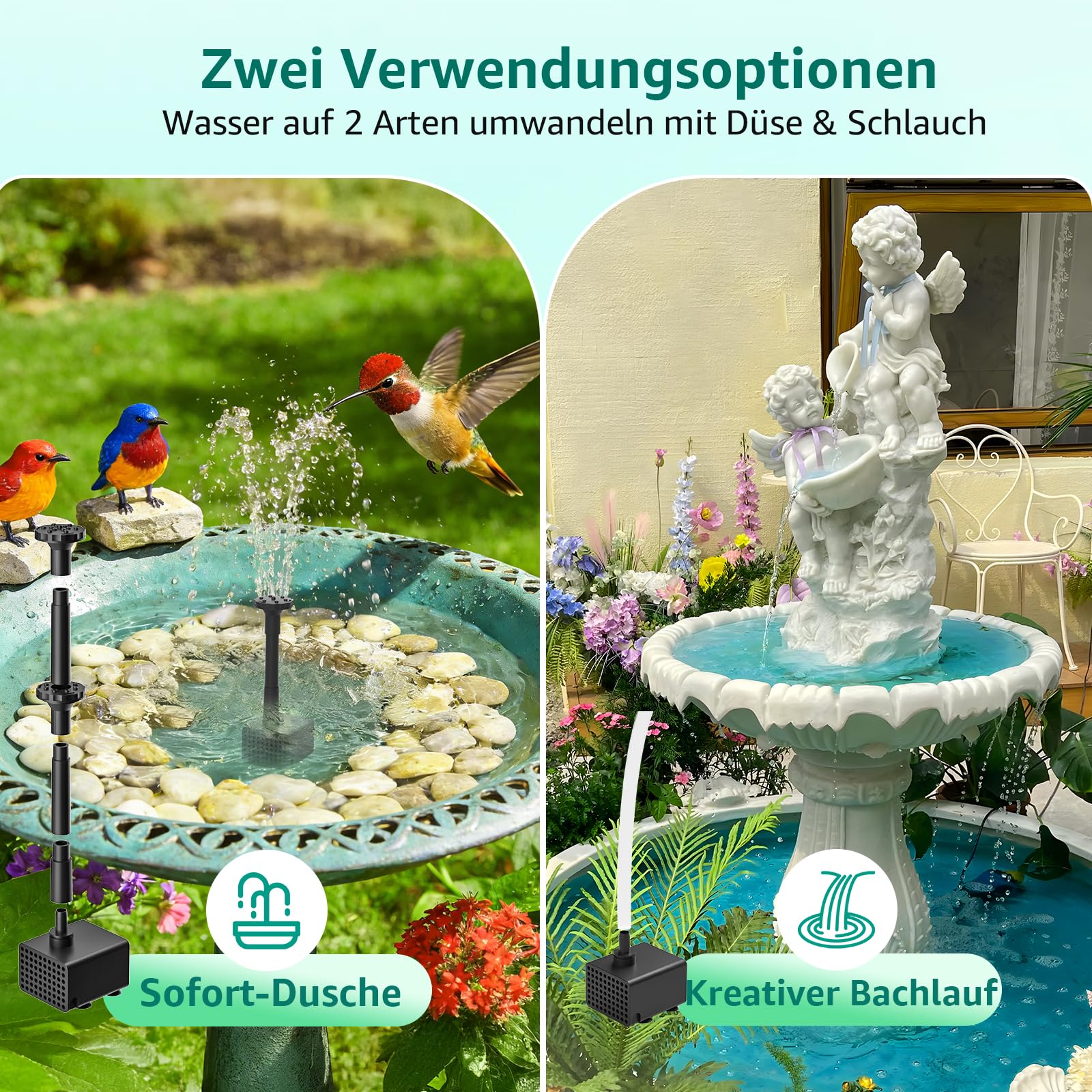 Solarbrunnenpumpe mit Akku 8.5W 3200mAh Doppelschichtdüsen 7 Sprühmodi 1.5m PVC-Schlauch Teichbrunnen