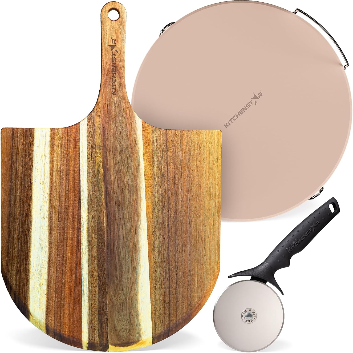 KitchenStar Pizza Cutter Wheel + 16-Inch Acacia Wood Pizza Peel + 16-inch Pizza Stone for Oven and BBQ Grill with Handles - Pizza Making Bundle