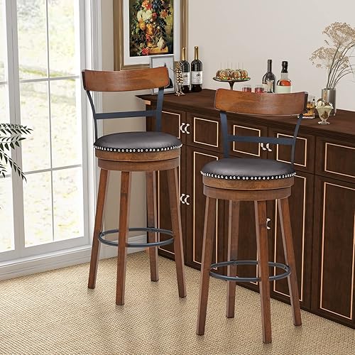 Miniatura 9 de Giantex Juego de 2 taburetes de bar de 30.5 pulgadas de altura de barra giratorios de madera de goma con cojines de asiento acolchados suaves,
