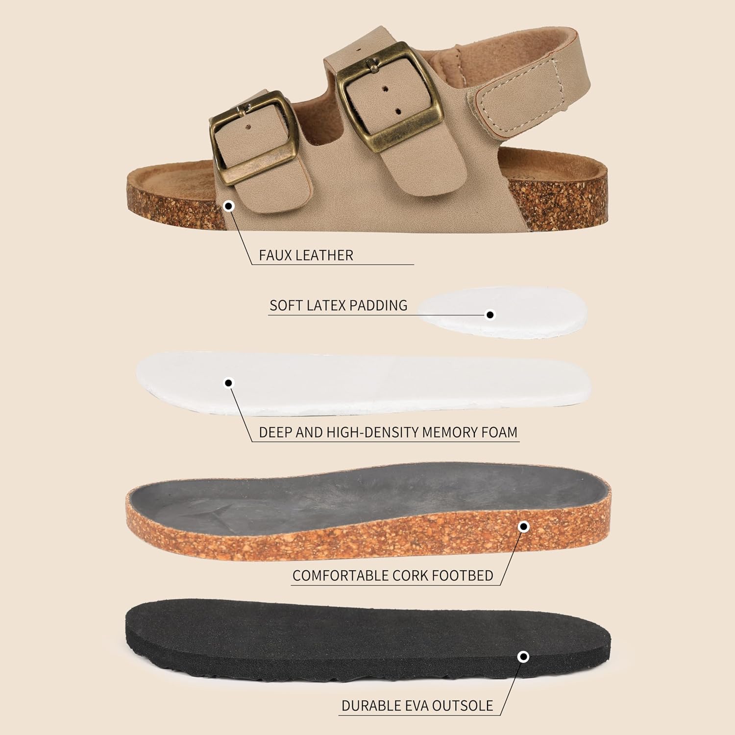 FANTURE Kids Toddler Sandals Boys Girls Cork Footbed Sandal Comfort Buckle Slip On Slippers with Adjustable Back Strap