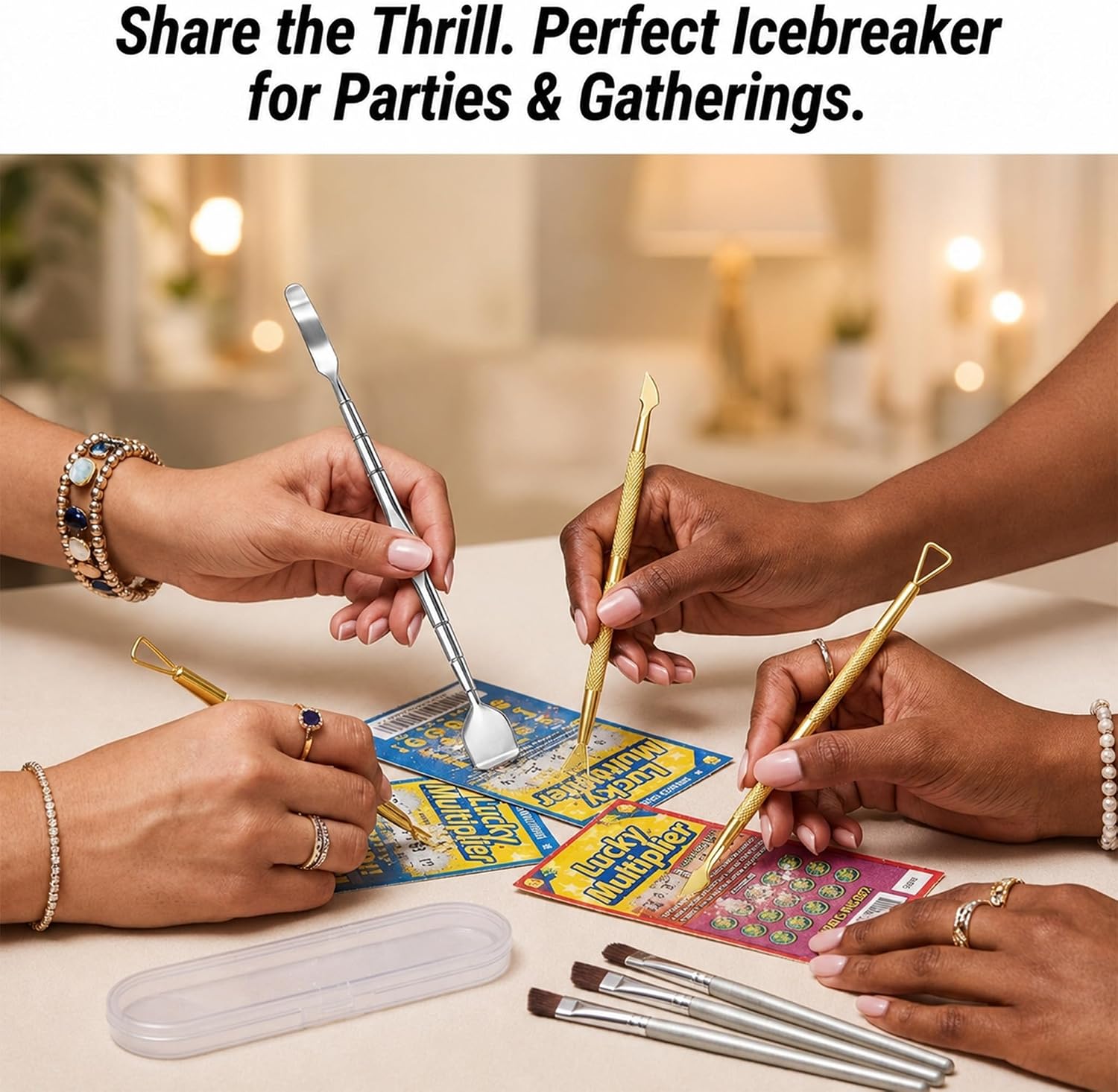 Multi-Tip Metal Scratch Off Tool with Cleaning Brush, Dual Head Lotto Scratcher Safe for Barcodes, Mess-Free Scraper for Clean Hands and Desk, Icebreaker Party Favors, Stainless Steel, 9pcs