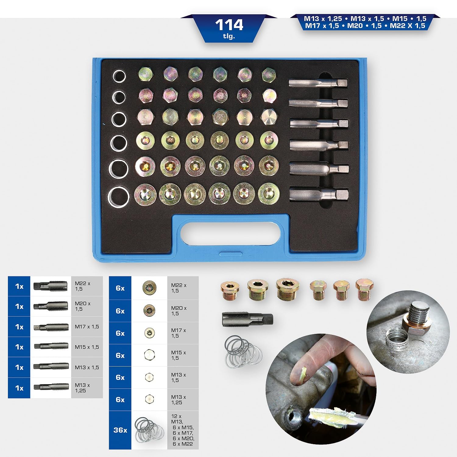 BRILLIANT TOOLS BT711300 Kit di riparazione per filettatura vite di scarico olio, 114 pz [Powered by KS TOOLS]