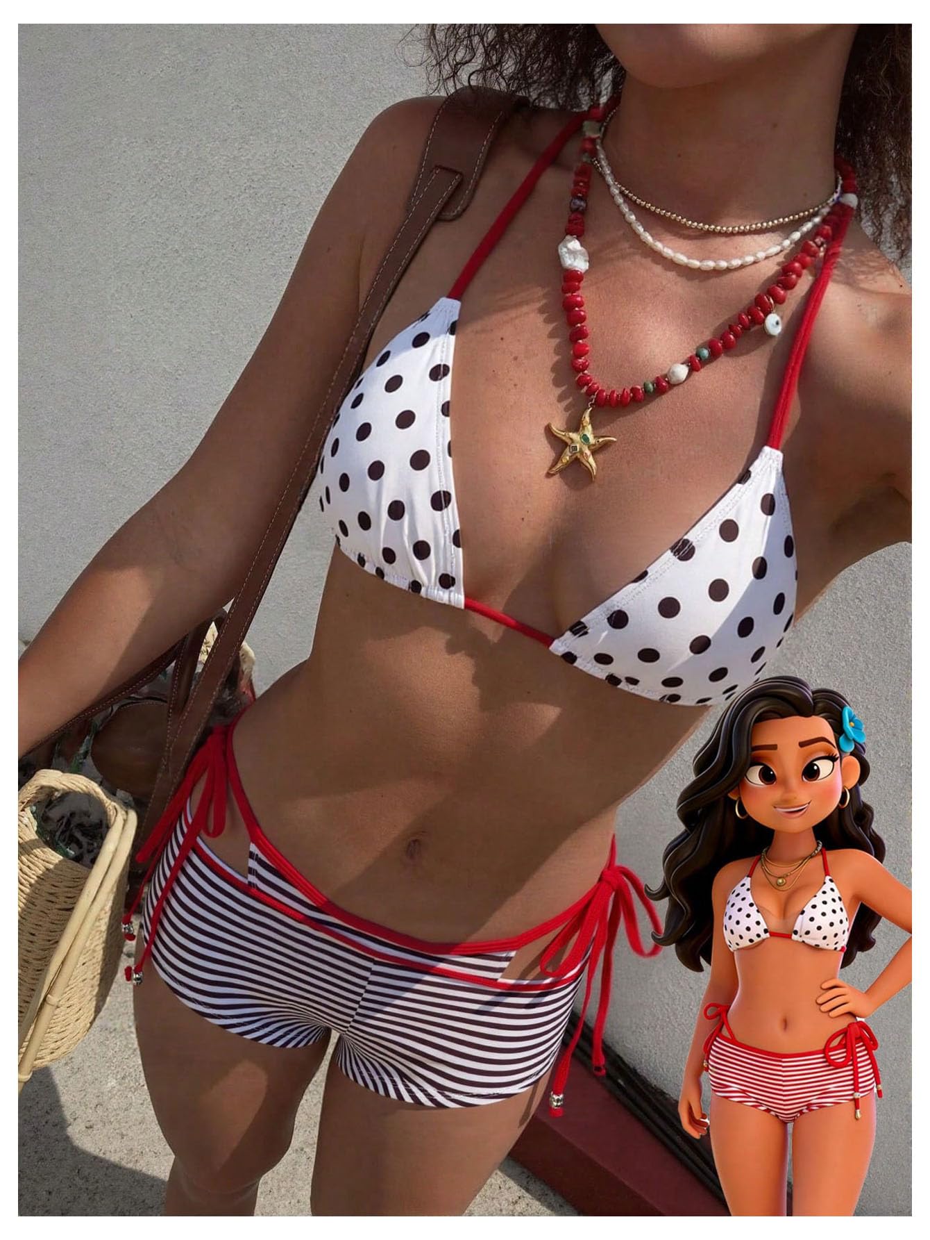Bikini da Donna A Pois A Righe da Ragazzo, Perizoma all'Americana, Costumi da Bagno in 3 Pezzi con Pantaloncini Copricostume, Multicolore, Grande