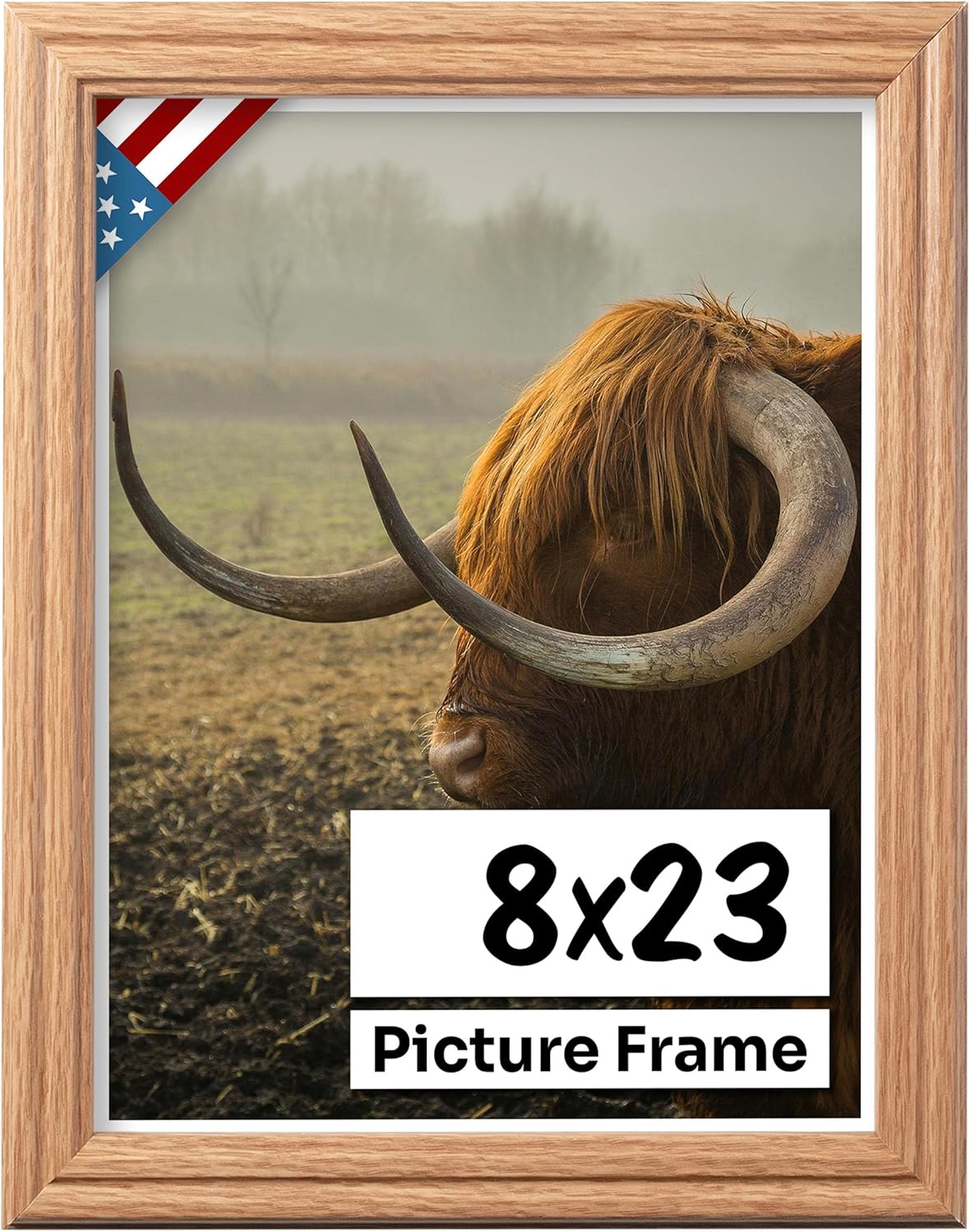 Oak 8x23 Picture Frame .75" Inch Wide - Faux Oak Decor Handmade Solid Wood Frames with Preinstalled Hangers and UV Blocking Plexiglass 23x8 Frame