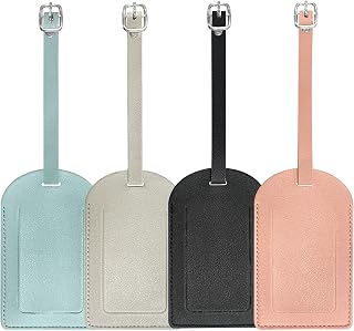 BlingKingdom 4PCS Luggage Tags, PU Leather Label Suitcase ID Tag for Travel | Flap Design, Protect Privacy, Adjustable Strap, Travel Tags for Suitcases