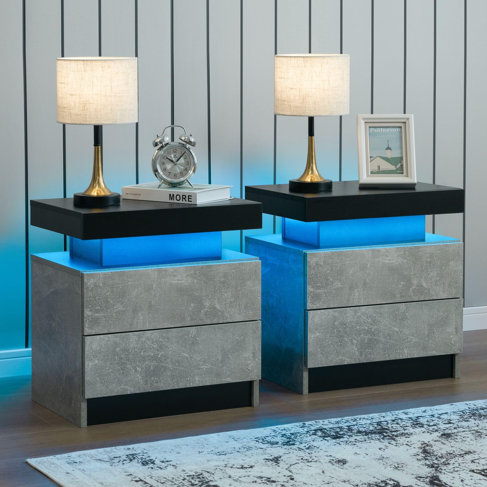 Nightstand Set of 2 LED Nightstand with 2 Drawers, Bedside Table with Drawers for Bedroom Furniture, Side Bed Table with LED Light, Grey Black