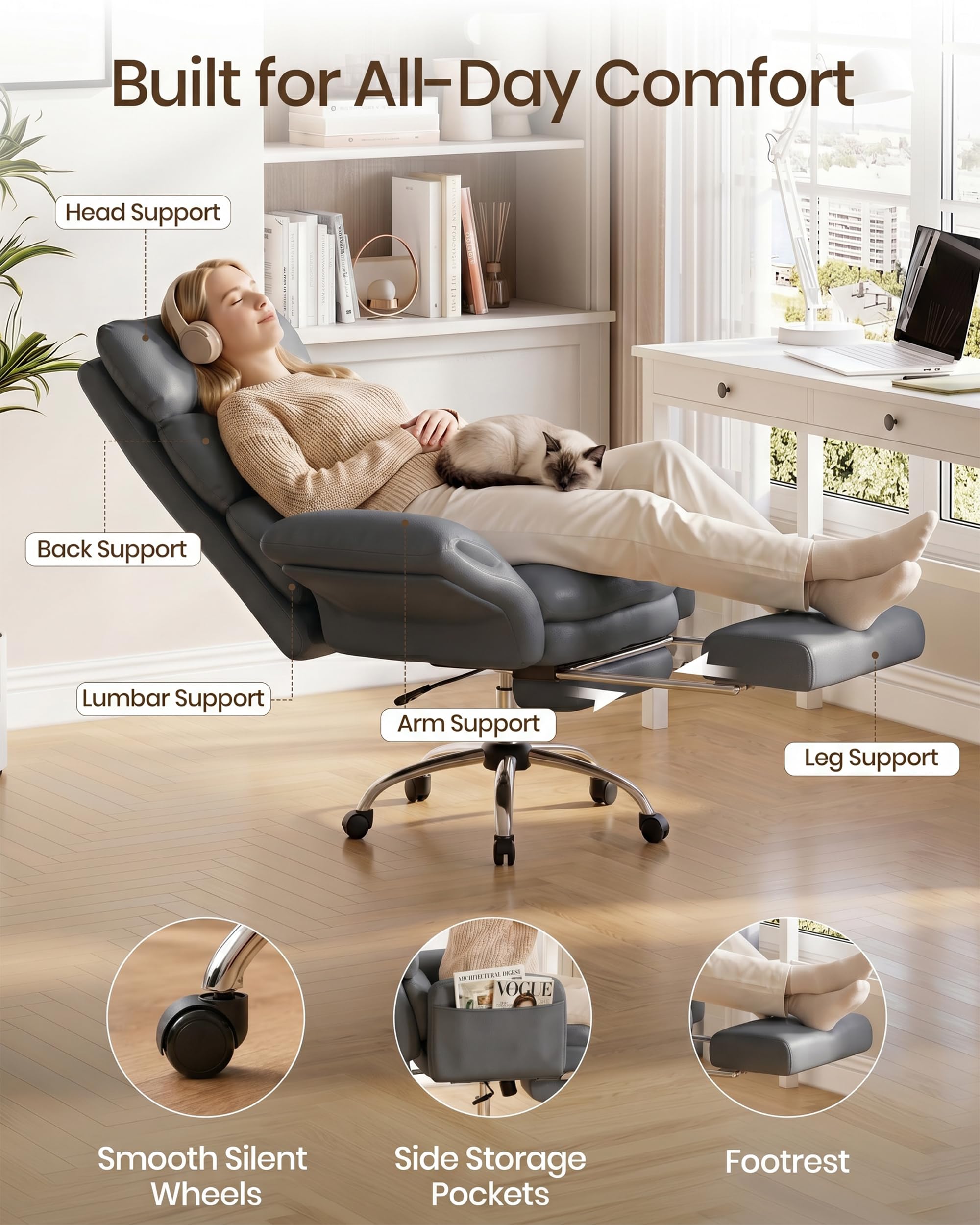 Executive Office Chair, Big and Tall Ergonomic Desk Chair with Foot Rest, Leather Grey, 71D x 71W x 121H centimetres - Image 7
