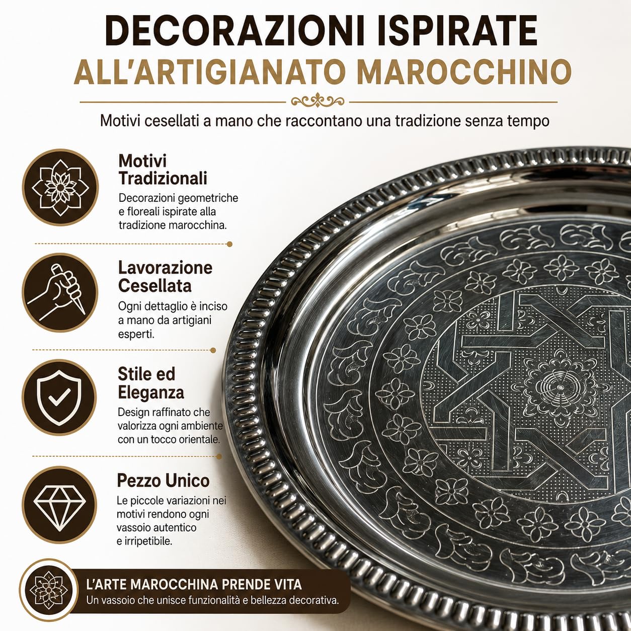 Vassoio Marocchino in Metallo Cesellato a Mano, Rotondo, Stile Orientale, Ø 30 cm, per Tè e Decorazione